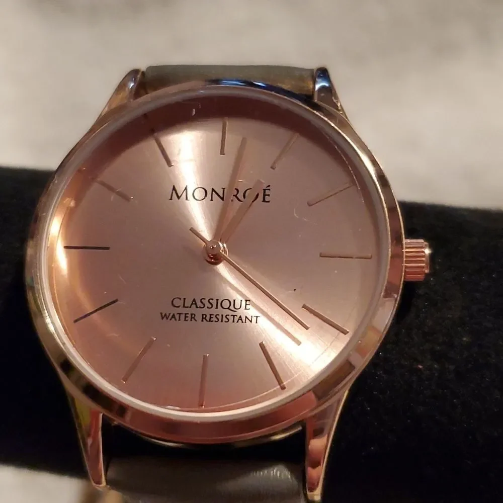 NEW Monroe Classique Rose Gold Solérose Charcoal Leather Ladies‎ Watch